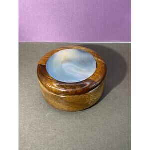 Vintage Wooden & Polished Stone Agate Brown Round Jewelry Trinket box W/ Lid